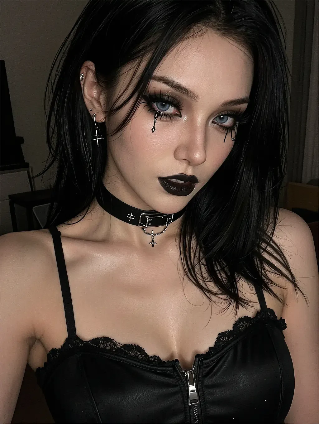 Salomé, a fictional AI character, in a black lace camisole with dark lipstick and a choker
