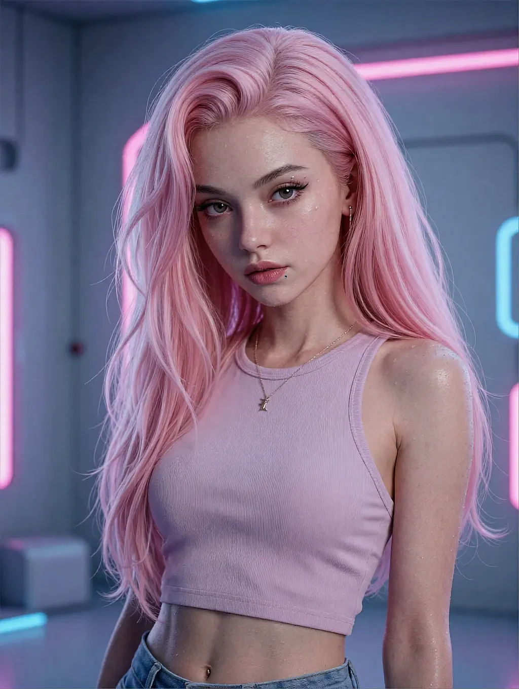 Maren, a fictional AI character with long pink hair, in a lilac top looking calmly at the camera
