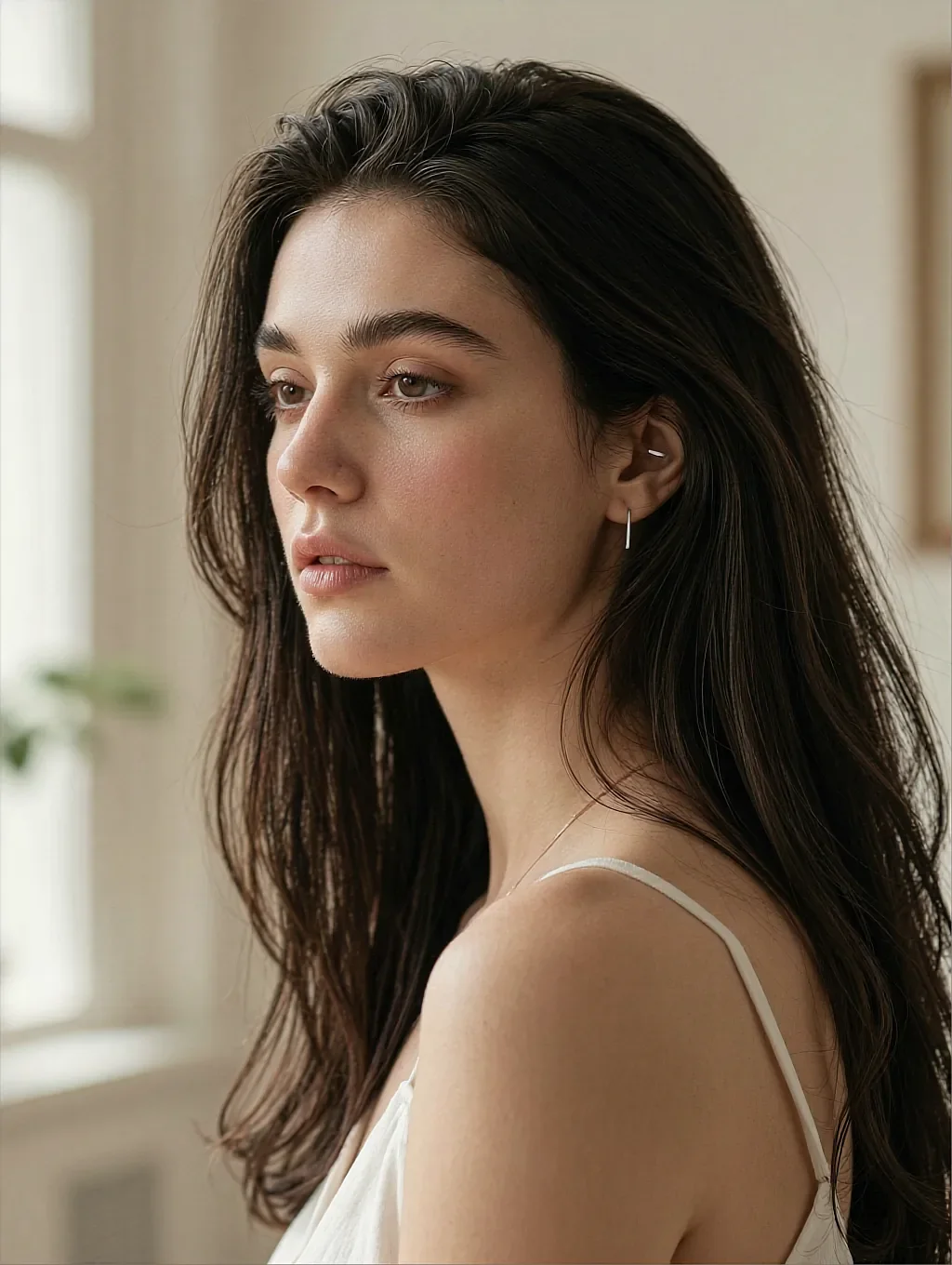 Romy, a fictional AI character in profile by a bright window, in a white camisole in daylight