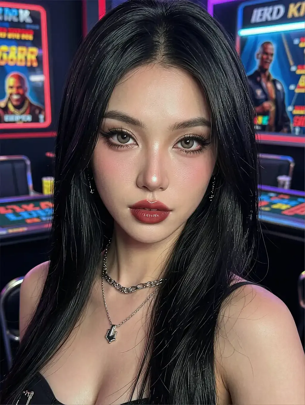 Thea, a fictional AI character with black hair and a pendant necklace, arcade lights behind her