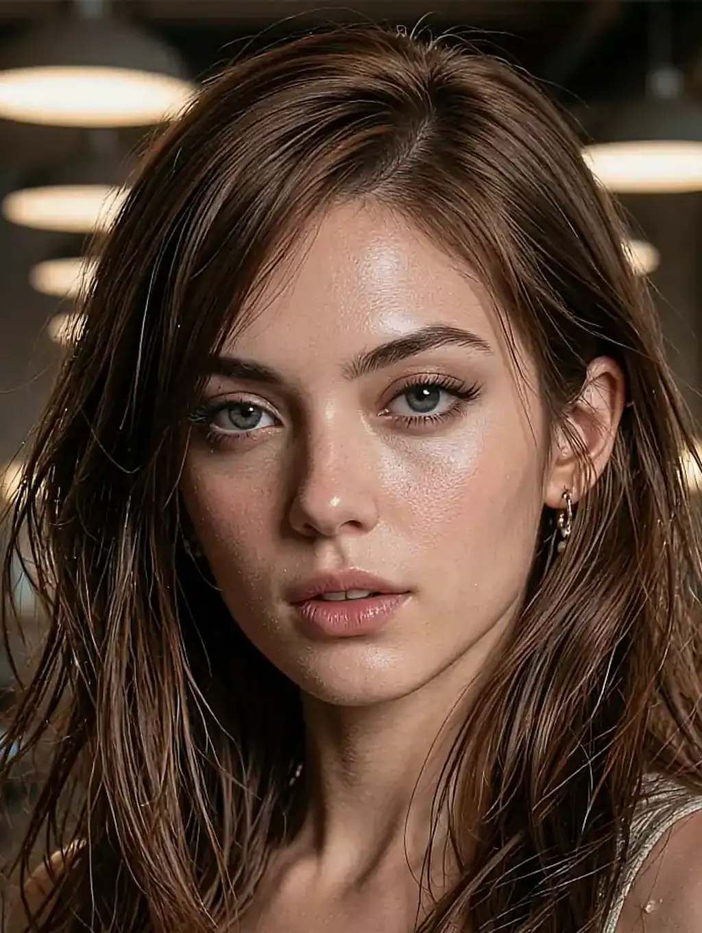Close portrait of Vera, a fictional AI character — brown hair, grey eyes, looking straight into the camera